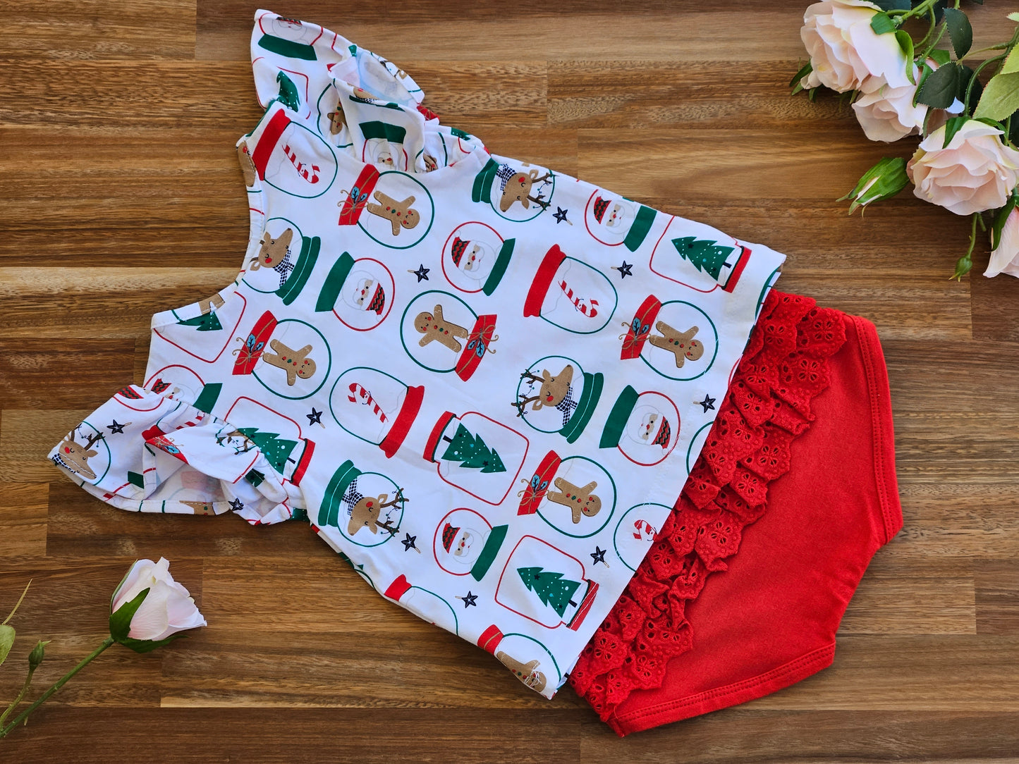 White and red 2 piece set with red ruffle nappy cover
