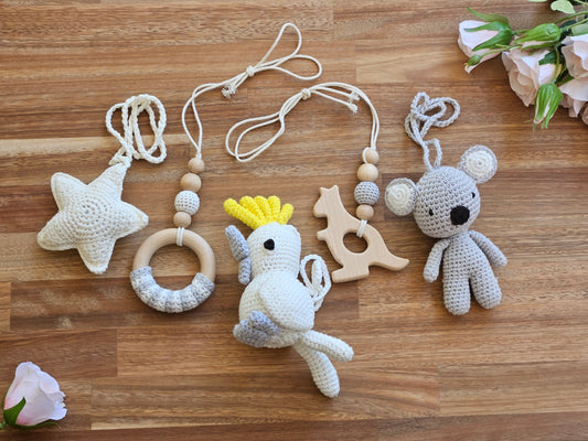 Crochet Star, crochet grey Koala, crochet Cockatoo and 2 wooden hanging toys