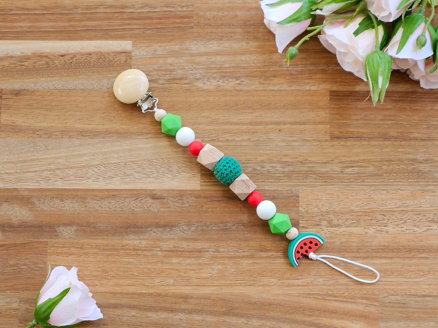 Beaded Watermelon theme Pacifier chain with wooden, green, red, white and a watermelon slice beads