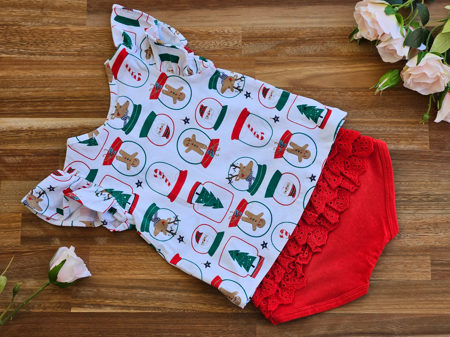 White and red 2 piece set with red ruffle nappy cover