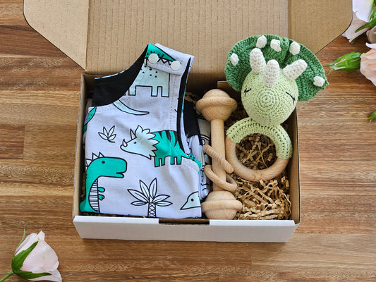BABY GIFT BOX - Includes Cotton dinosaur overall style romper, crocheted dinosaur rattle and a wooden bar toy