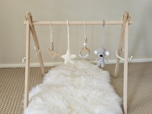 Aussie themed play gym with wooden frame, Crochet Star, crochet grey Koala and 2 wooden hanging toys