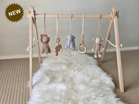 Wooden baby gym frame with Crochet Monkey, crochet brown lion, crochet grey elephant, 2 wooden hanging toys