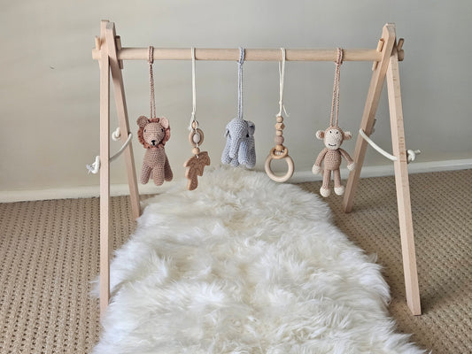 Wooden baby gym frame with Crochet Monkey, crochet brown lion, crochet grey elephant, 2 wooden hanging toys