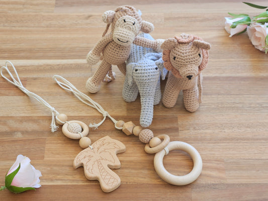 Crochet Monkey, crochet brown lion, crochet grey elephant, 2 wooden hanging toys