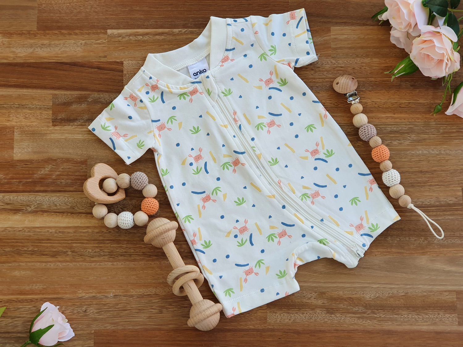 Crab pattern romper  with Bar ring and pacifier