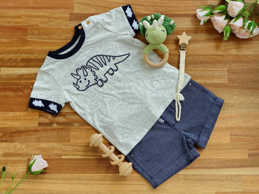 BABY GIFT BOX - Boys dinosaur T shirt with shorts, crocheted triceratops rattle, wooden bar rattle and a macramé pacifier chain
